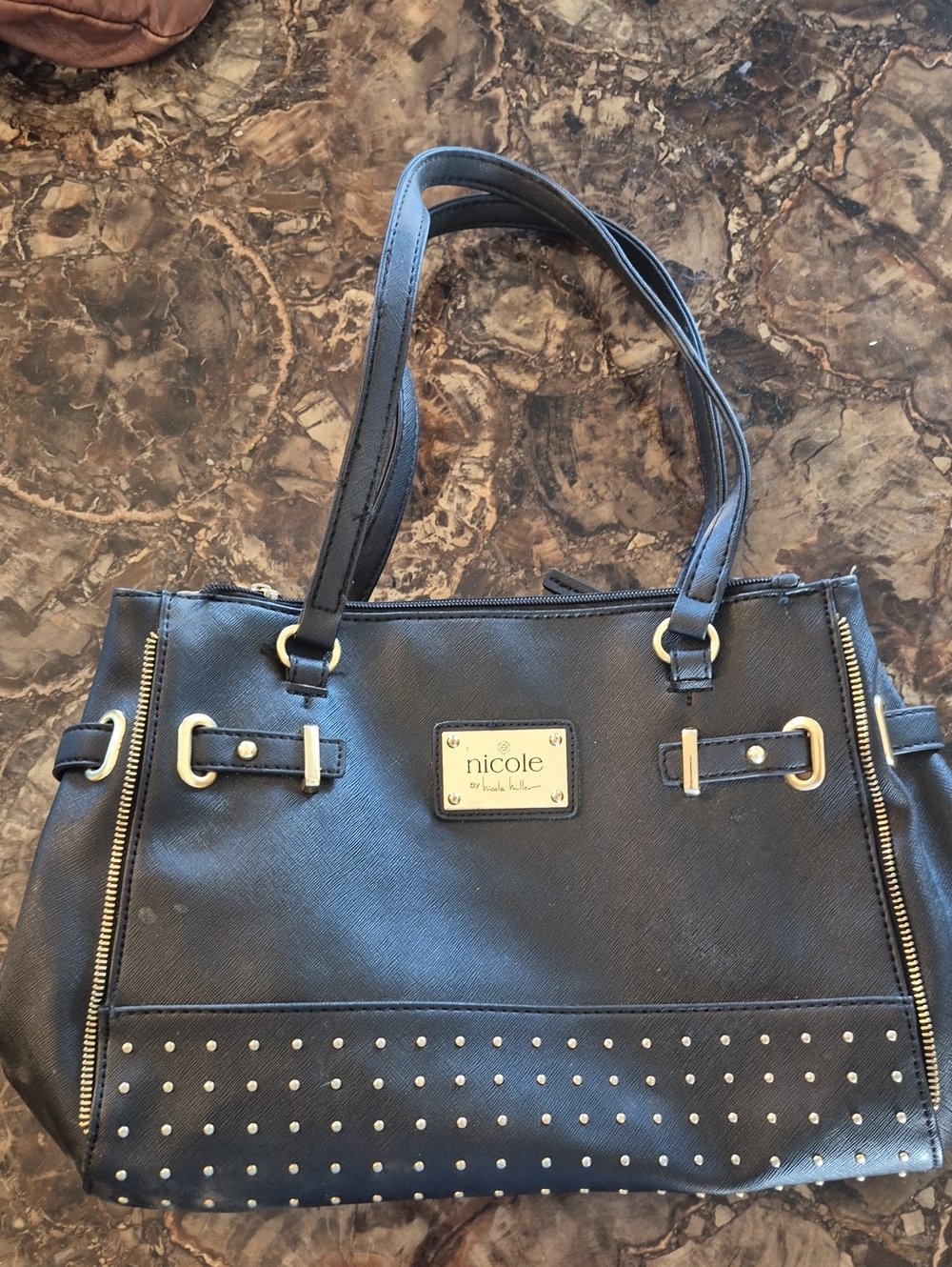 Nicole Black Faux Leather Studded Shoulder Bag with Gold Hardware